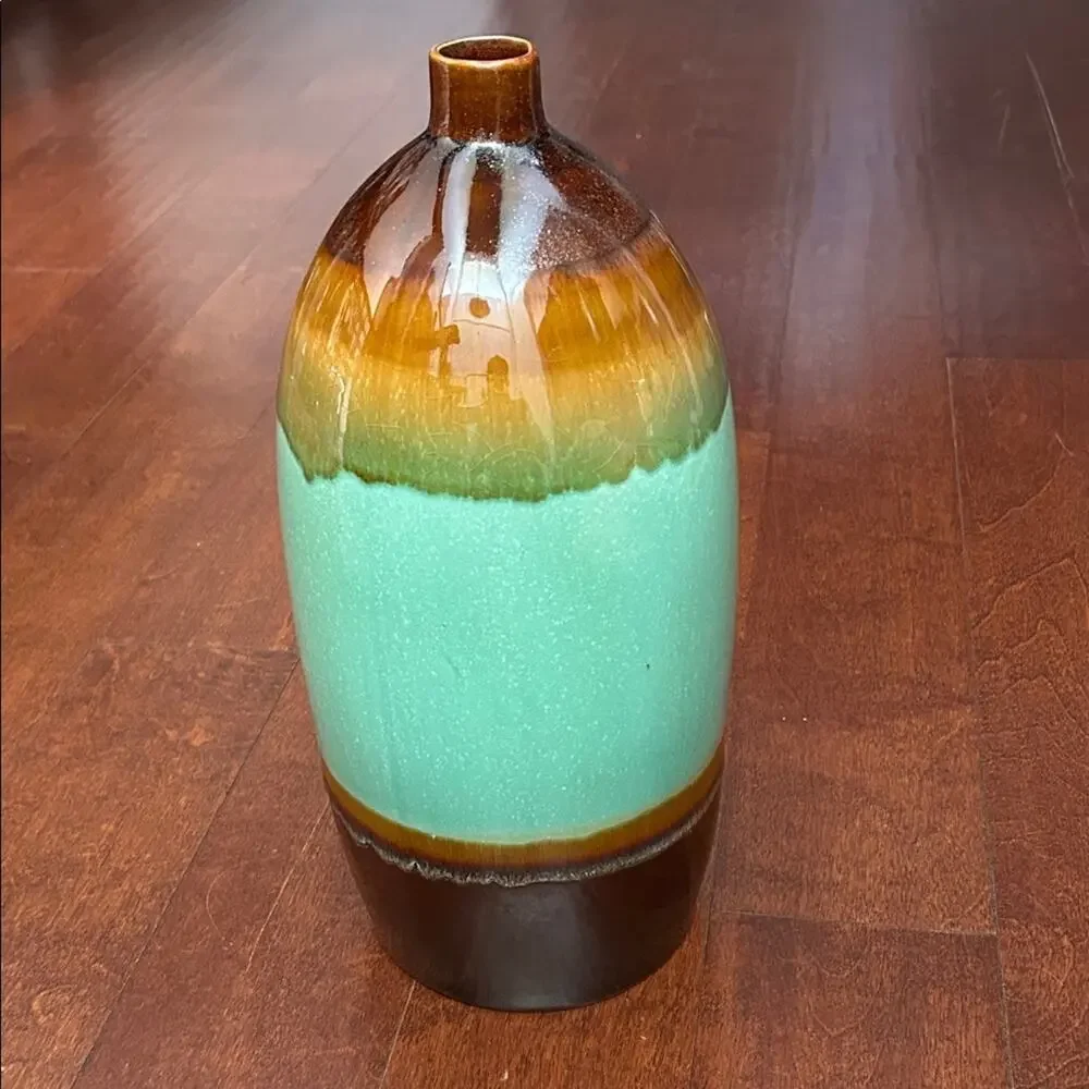 Large Earthy Turquoise & Chocolate Brown Ceramic Vase, Boho Statement Piece